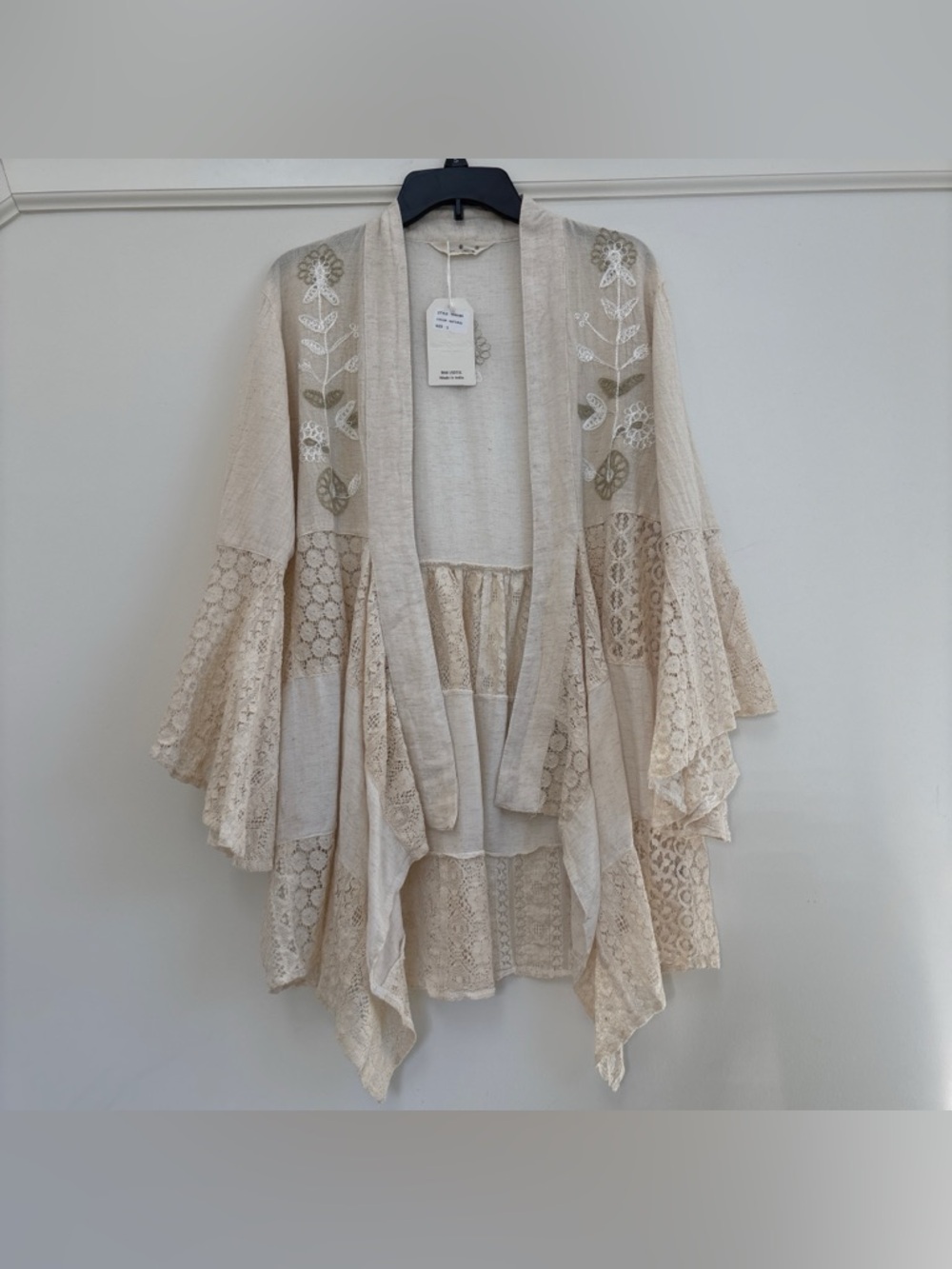Young Threads Natural Denim Motif Embroidered Boho Long Shrug Kimono Duster NWT